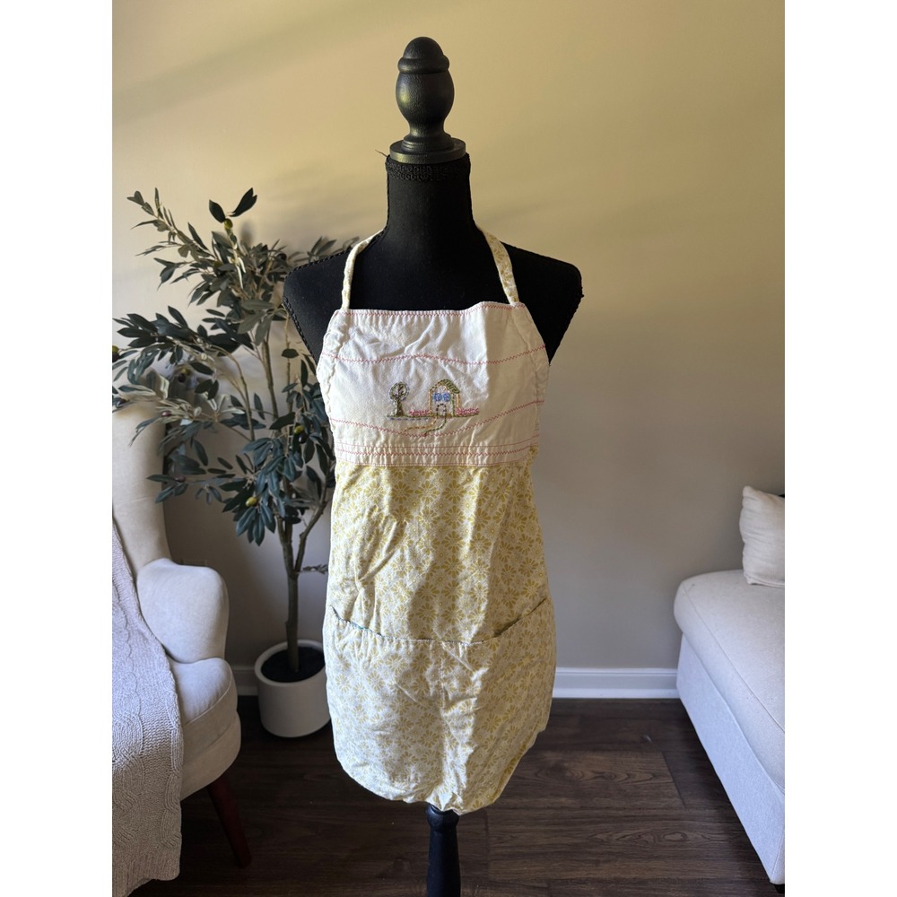 Vintage Style Embroidered Cottagecore Bib Apron Yellow Floral Pockets Tie Back